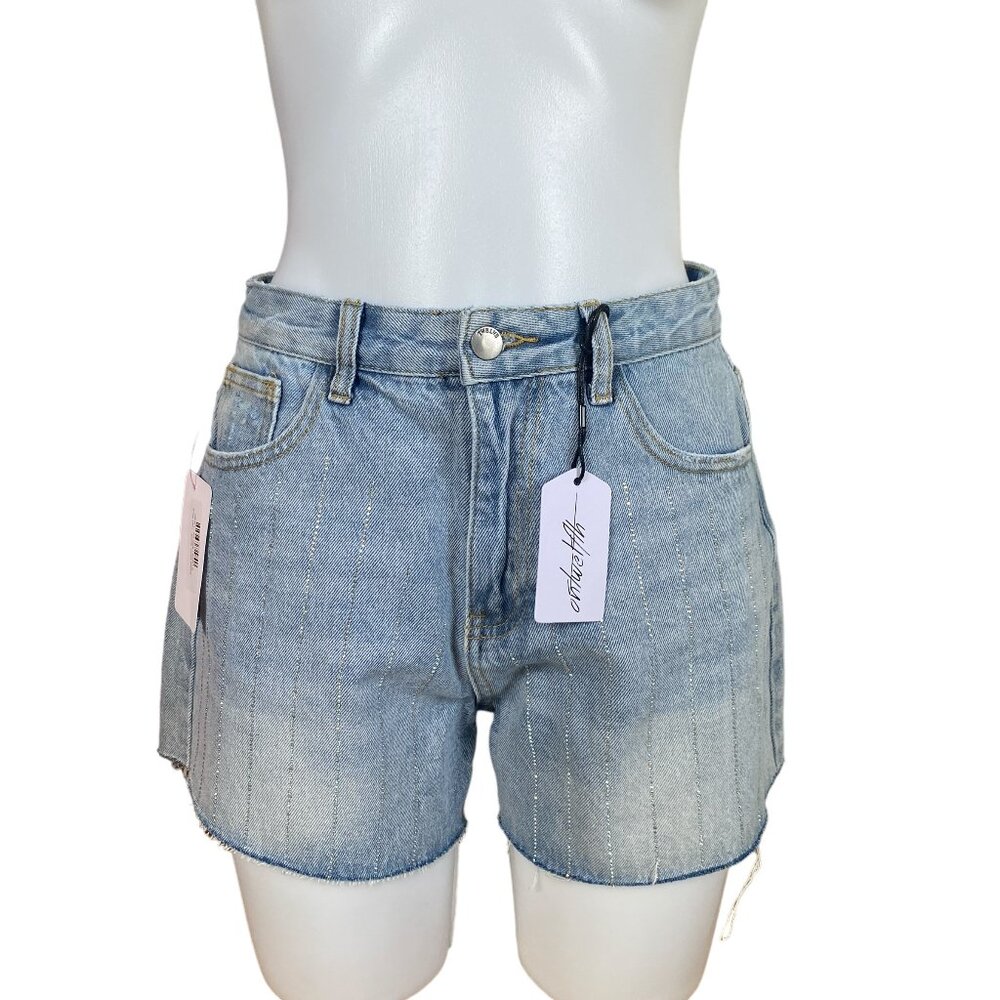 Twelve by Ontwelfth women's Large emmie denim light wash frayed sequin shorts